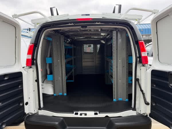 Organized shelving inside a commercial work van